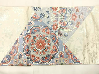 平和屋着物◎太鼓柄袋帯　唐織　天平の匠　向かい鳥花文　銀糸　正絹　逸品　AABI0372uk