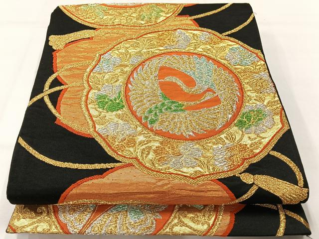 平和屋着物◎六通柄袋帯　双鶴文　黒地　金銀糸　正絹　逸品　AABI0374uk