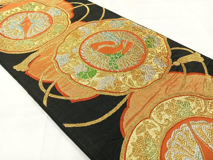 平和屋着物◎六通柄袋帯　双鶴文　黒地　金銀糸　正絹　逸品　AABI0374uk
