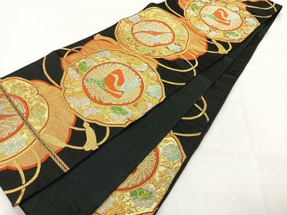 平和屋着物◎六通柄袋帯　双鶴文　黒地　金銀糸　正絹　逸品　AABI0374uk