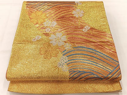平和屋着物◎六通柄袋帯　立波花文　金糸　正絹　逸品　AABI0376uk