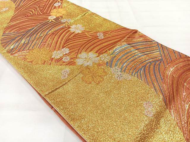平和屋着物◎六通柄袋帯　立波花文　金糸　正絹　逸品　AABI0376uk