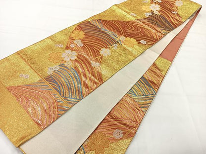 平和屋着物◎六通柄袋帯　立波花文　金糸　正絹　逸品　AABI0376uk