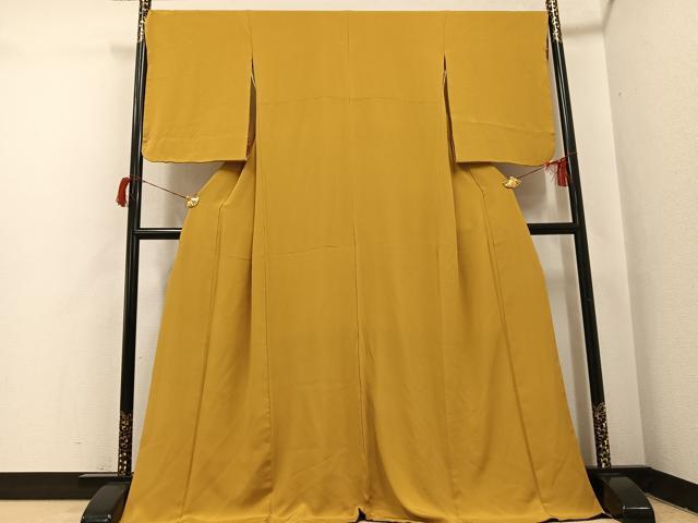 平和屋着物●上質な色無地　黄朽葉色　ロング丈　正絹　逸品　AABI0441ph