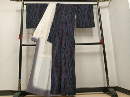 平和屋着物●結城紬　幾何学文様　正絹　逸品　AABI0443ph