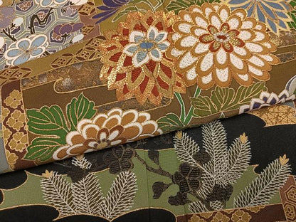 平和屋着物●創業460年・千總　黒留袖　駒刺繍　草花文　金彩　ロング丈　正絹　逸品　AABI0449ph