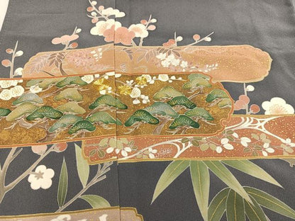 平和屋着物●豪華色留袖　駒刺繍　松竹梅草花文　暈し染め　金彩　正絹　逸品　AABI0458ph