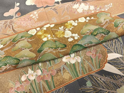 平和屋着物●豪華色留袖　駒刺繍　松竹梅草花文　暈し染め　金彩　正絹　逸品　AABI0458ph