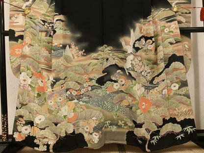 平和屋本店●アンティーク　大正ロマン　振袖　刺繍　群れ鶴御所車草花文　黒地　金糸　正絹　逸品　AABI0459ph
