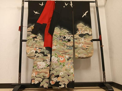 平和屋本店●アンティーク　大正ロマン　振袖　刺繍　群れ鶴御所車草花文　黒地　金糸　正絹　逸品　AABI0459ph