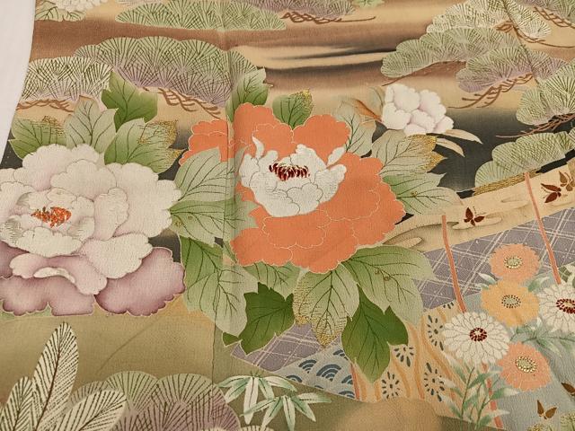 平和屋本店●アンティーク　大正ロマン　振袖　刺繍　群れ鶴御所車草花文　黒地　金糸　正絹　逸品　AABI0459ph