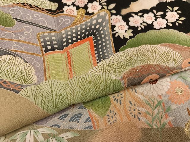 平和屋本店●アンティーク　大正ロマン　振袖　刺繍　群れ鶴御所車草花文　黒地　金糸　正絹　逸品　AABI0459ph