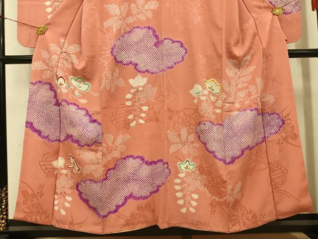 平和屋本店●アンティーク　大正ロマン　小振袖　二尺袖　絞り　刺繍　草花文　正絹　逸品　AABI0460ph