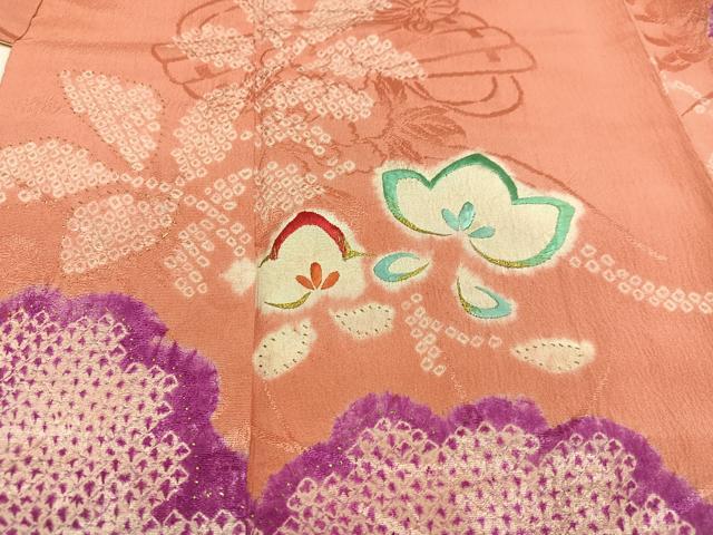 平和屋本店●アンティーク　大正ロマン　小振袖　二尺袖　絞り　刺繍　草花文　正絹　逸品　AABI0460ph