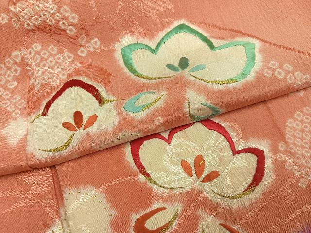 平和屋本店●アンティーク　大正ロマン　小振袖　二尺袖　絞り　刺繍　草花文　正絹　逸品　AABI0460ph