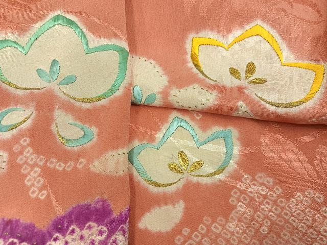 平和屋本店●アンティーク　大正ロマン　小振袖　二尺袖　絞り　刺繍　草花文　正絹　逸品　AABI0460ph