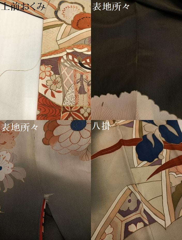 平和屋本店●アンティーク　大正ロマン　振袖　駒刺繍　草花文　黒地　正絹　逸品　AABI0461ph