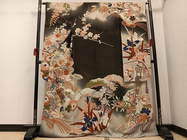 平和屋本店●アンティーク　大正ロマン　振袖　駒刺繍　草花文　黒地　正絹　逸品　AABI0461ph