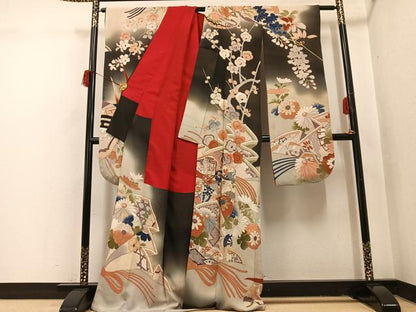 平和屋本店●アンティーク　大正ロマン　振袖　駒刺繍　草花文　黒地　正絹　逸品　AABI0461ph