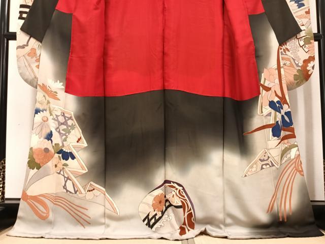 平和屋本店●アンティーク　大正ロマン　振袖　駒刺繍　草花文　黒地　正絹　逸品　AABI0461ph