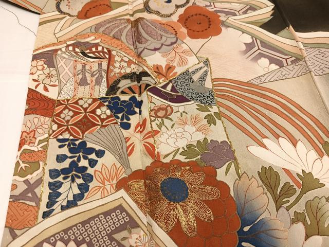 平和屋本店●アンティーク　大正ロマン　振袖　駒刺繍　草花文　黒地　正絹　逸品　AABI0461ph
