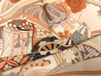 平和屋本店●アンティーク　大正ロマン　振袖　駒刺繍　草花文　黒地　正絹　逸品　AABI0461ph