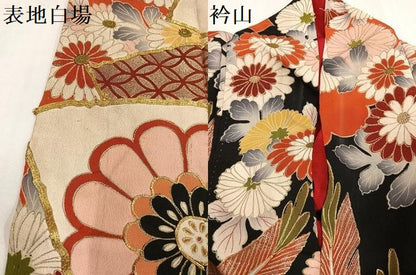 平和屋本店●アンティーク　大正ロマン　振袖　駒刺繍　地紙草花文　黒地　金銀彩　正絹　逸品　AABI0462ph