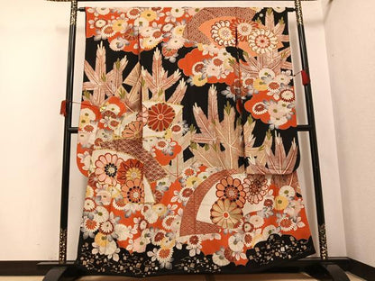 平和屋本店●アンティーク　大正ロマン　振袖　駒刺繍　地紙草花文　黒地　金銀彩　正絹　逸品　AABI0462ph