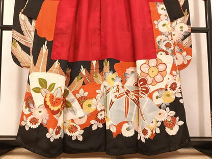 平和屋本店●アンティーク　大正ロマン　振袖　駒刺繍　地紙草花文　黒地　金銀彩　正絹　逸品　AABI0462ph
