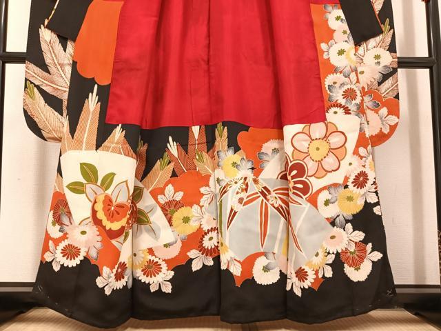 平和屋本店●アンティーク　大正ロマン　振袖　駒刺繍　地紙草花文　黒地　金銀彩　正絹　逸品　AABI0462ph