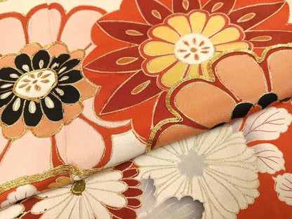 平和屋本店●アンティーク　大正ロマン　振袖　駒刺繍　地紙草花文　黒地　金銀彩　正絹　逸品　AABI0462ph