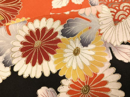 平和屋本店●アンティーク　大正ロマン　振袖　駒刺繍　地紙草花文　黒地　金銀彩　正絹　逸品　AABI0462ph