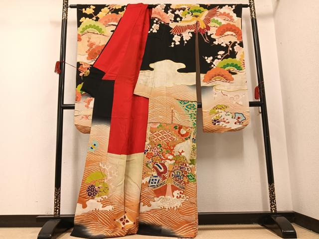平和屋本店●アンティーク　大正ロマン　振袖　宝船　黒地　金彩　正絹　逸品　AABI0463ph