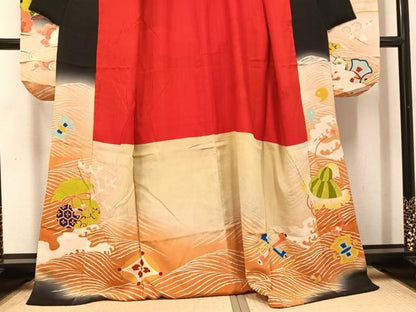 平和屋本店●アンティーク　大正ロマン　振袖　宝船　黒地　金彩　正絹　逸品　AABI0463ph