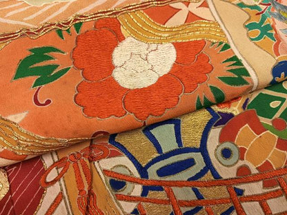 平和屋本店●アンティーク　大正ロマン　振袖　宝船　黒地　金彩　正絹　逸品　AABI0463ph