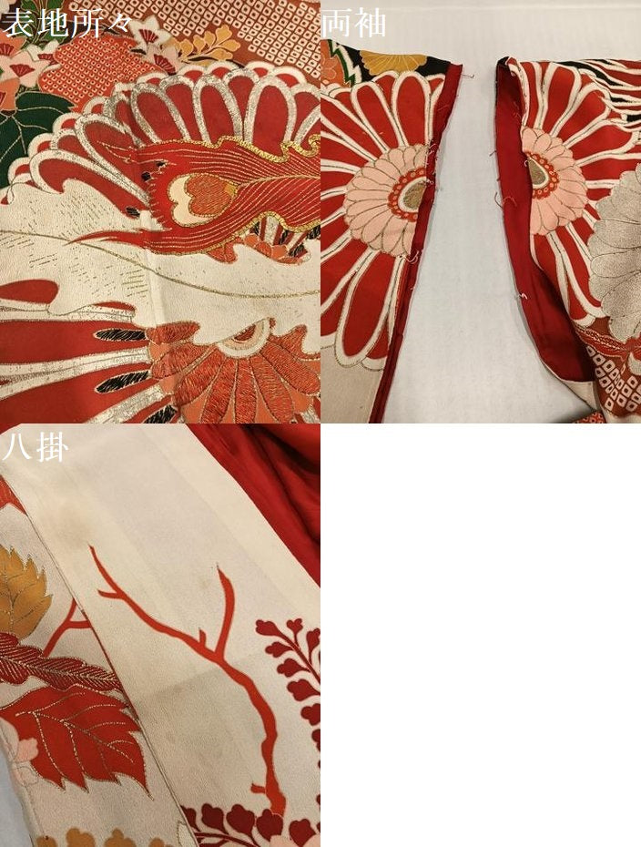 平和屋本店●アンティーク　大正ロマン　振袖　駒刺繍　草花文　金彩　ロング丈　正絹　逸品　AABI0464ph
