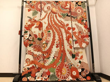 平和屋本店●アンティーク　大正ロマン　振袖　駒刺繍　草花文　金彩　ロング丈　正絹　逸品　AABI0464ph