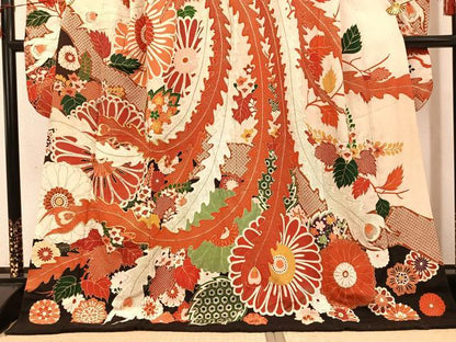 平和屋本店●アンティーク　大正ロマン　振袖　駒刺繍　草花文　金彩　ロング丈　正絹　逸品　AABI0464ph