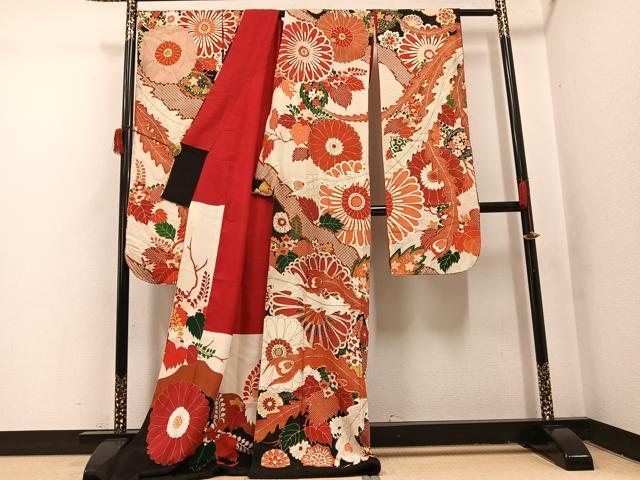 平和屋本店●アンティーク　大正ロマン　振袖　駒刺繍　草花文　金彩　ロング丈　正絹　逸品　AABI0464ph