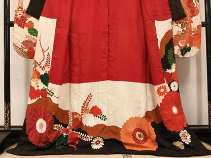 平和屋本店●アンティーク　大正ロマン　振袖　駒刺繍　草花文　金彩　ロング丈　正絹　逸品　AABI0464ph
