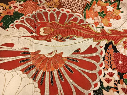平和屋本店●アンティーク　大正ロマン　振袖　駒刺繍　草花文　金彩　ロング丈　正絹　逸品　AABI0464ph