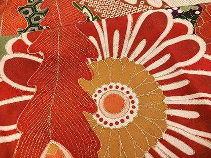 平和屋本店●アンティーク　大正ロマン　振袖　駒刺繍　草花文　金彩　ロング丈　正絹　逸品　AABI0464ph