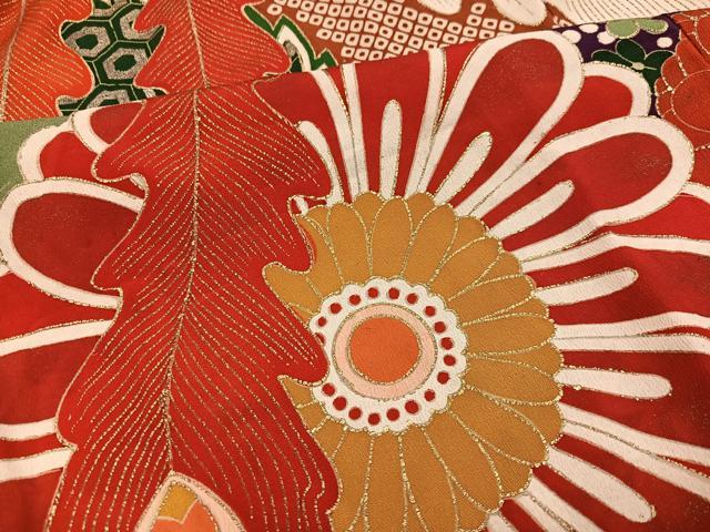 平和屋本店●アンティーク　大正ロマン　振袖　駒刺繍　草花文　金彩　ロング丈　正絹　逸品　AABI0464ph