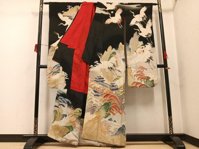 平和屋本店●アンティーク　大正ロマン　振袖　駒刺繍　群れ鶴風景草花舟宝尽くし　黒地　金彩　正絹　逸品　AABI0465ph