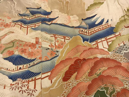 平和屋本店●アンティーク　大正ロマン　振袖　駒刺繍　群れ鶴風景草花舟宝尽くし　黒地　金彩　正絹　逸品　AABI0465ph