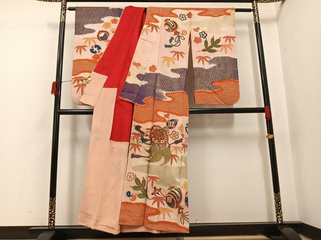 平和屋本店●アンティーク　大正ロマン　小振袖　二尺袖　駒刺繍　松竹梅宝尽くし　金銀彩　正絹　逸品　AABI0466ph