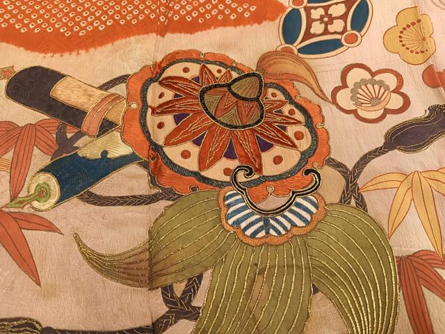 平和屋本店●アンティーク　大正ロマン　小振袖　二尺袖　駒刺繍　松竹梅宝尽くし　金銀彩　正絹　逸品　AABI0466ph