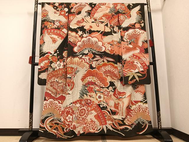 平和屋本店●アンティーク　大正ロマン　振袖　駒刺繍　松竹梅群れ鶴御所車文　黒地　金彩　正絹　逸品　AABI0467ph