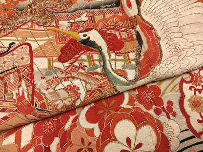 平和屋本店●アンティーク　大正ロマン　振袖　駒刺繍　松竹梅群れ鶴御所車文　黒地　金彩　正絹　逸品　AABI0467ph