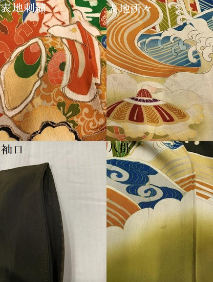 平和屋本店●アンティーク　大正ロマン　振袖　駒刺繍　立波風景花宝尽くし　黒地　正絹　逸品　AABI0468ph